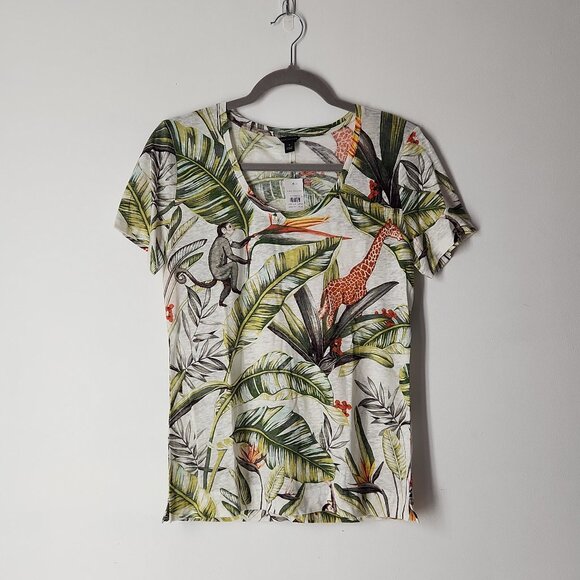 Ann Taylor Tops - Ann Taylor linen tropical animal print t-shirt top featuring monkeys giraffes M